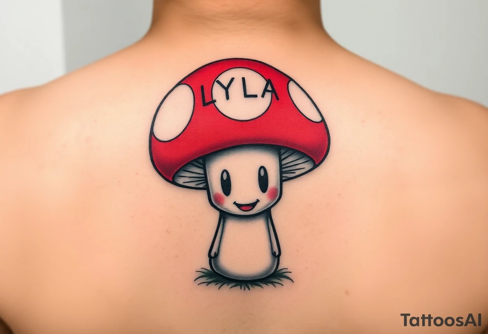 A POWERFUL AND UNIQUE MUSHROOM.. THE MUSHROOM IS PSYCHADELLIC AND GROVING A HAPPY FACE. THE MUSHROOM HAS A SIMPLE SMILING HAPPY FACE IN THE STEM. THE CAP IS LARGE AND RESEMBLES TOAD FROM MARIO. THE CAP OF THE MUSHROOM IS RED. THERE ARE WHITE SPOTS ON THE CAP OF THE MUSHROOM. LYLA IS SPELLED IN WHITE ONTO THE TOP OF THE CAP OF THE MUSHROOM. THE IDEA IS THAT THE MUSHROOM RESEMBLES A CHILD THAT IS NAMED LYLA tattoo idea