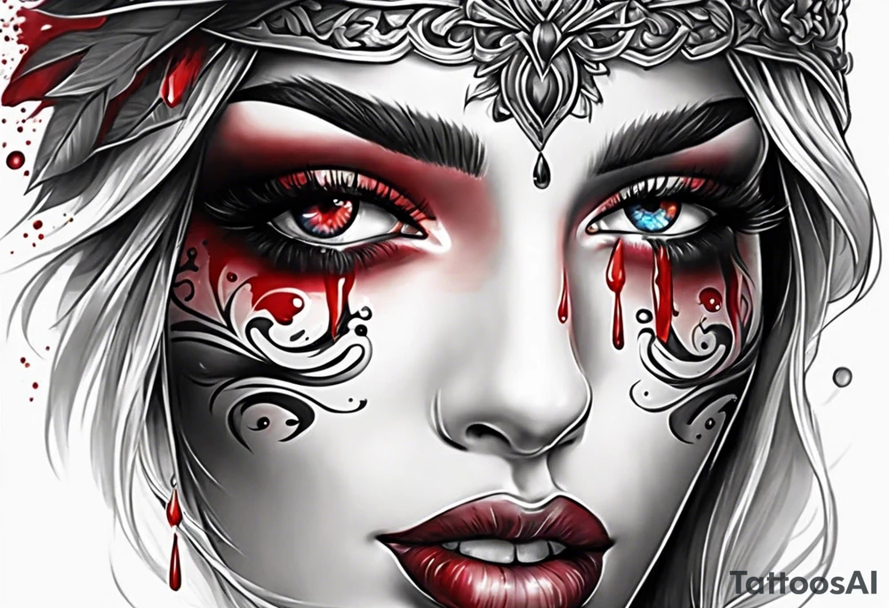 Bleeding tear draining to down from red eye sleeve tattoo design tattoo idea