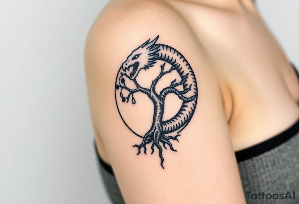 a dragon forming a circle with its body.  the dragon encircles the tree of life.   the tree of life has fruit  and the dragon is eating the fruit. the roots of the tree are strangling the tail of the dragon tattoo idea