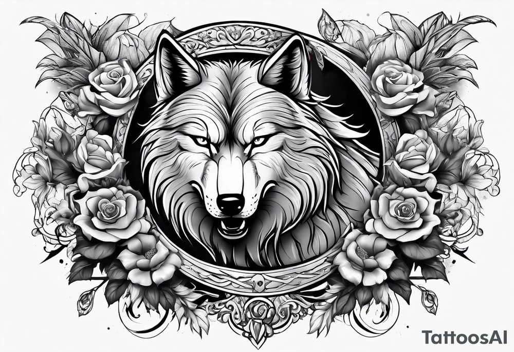 Raging storm with vicious wolf. Design for a chest piece.  Include roses and lilys tattoo idea