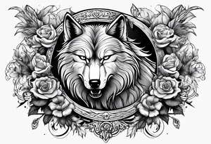 Raging storm with vicious wolf. Design for a chest piece.  Include roses and lilys tattoo idea