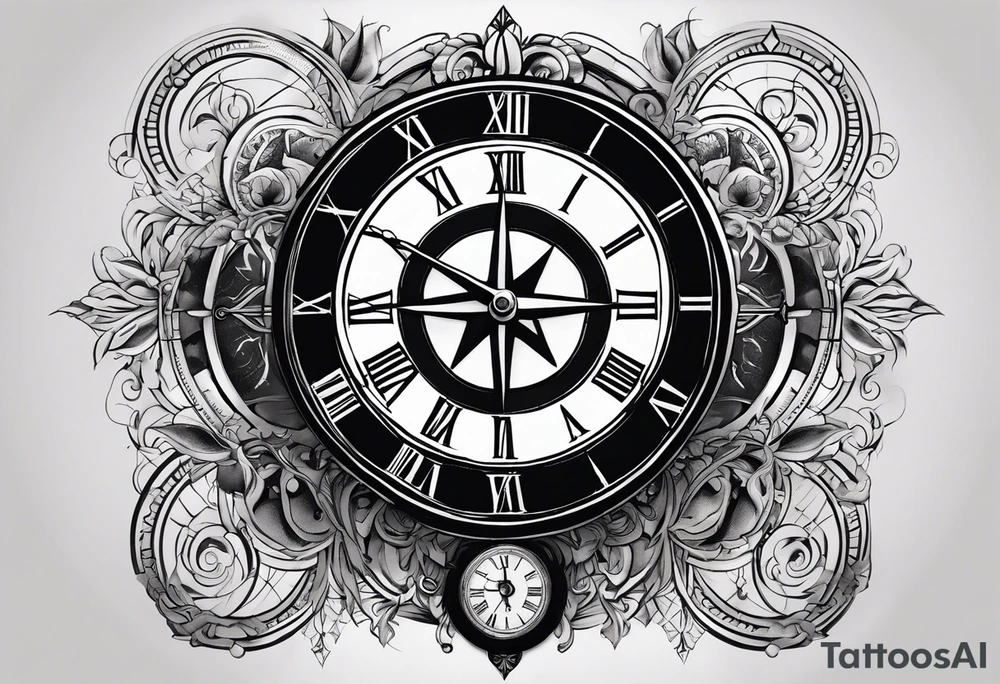 draw me a tattoo with an old clock and a compass rose. shadows of roman numerals are in the background. it is a tattoo located on the left shoulder of a man. it is black and white. tattoo idea