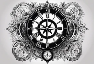 draw me a tattoo with an old clock and a compass rose. shadows of roman numerals are in the background. it is a tattoo located on the left shoulder of a man. it is black and white. tattoo idea