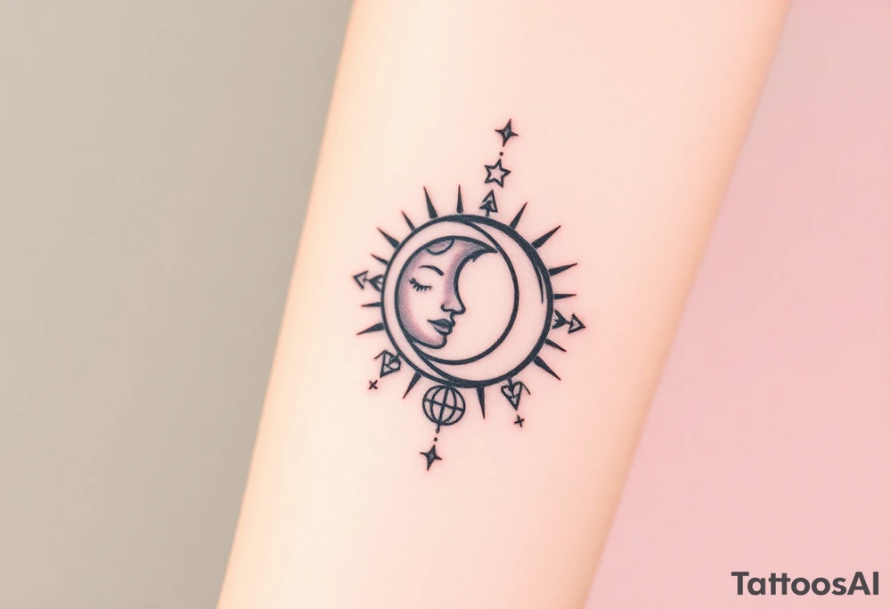 celestial sun and moon embrace with constellation patterns tattoo idea