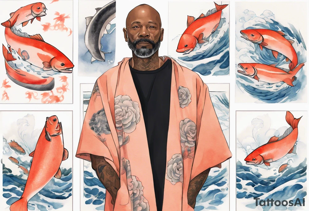 a 50-year-old black man wearing salmon cloak standing by a pool filled with salmon tattoo idea