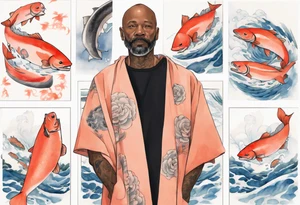 a 50-year-old black man wearing salmon cloak standing by a pool filled with salmon tattoo idea