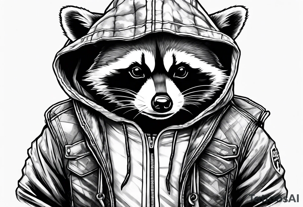 raccoon wearing a Superman hoodie tattoo idea