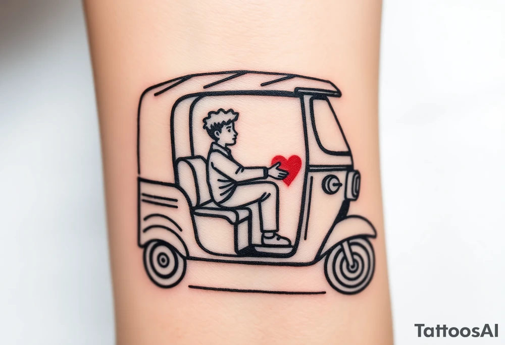 Create a simple tuk tuk. Add a boy in the vehicle. Add a heart to indicate that the boy is in love. tattoo idea