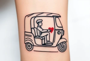 Create a simple tuk tuk. Add a boy in the vehicle. Add a heart to indicate that the boy is in love. tattoo idea