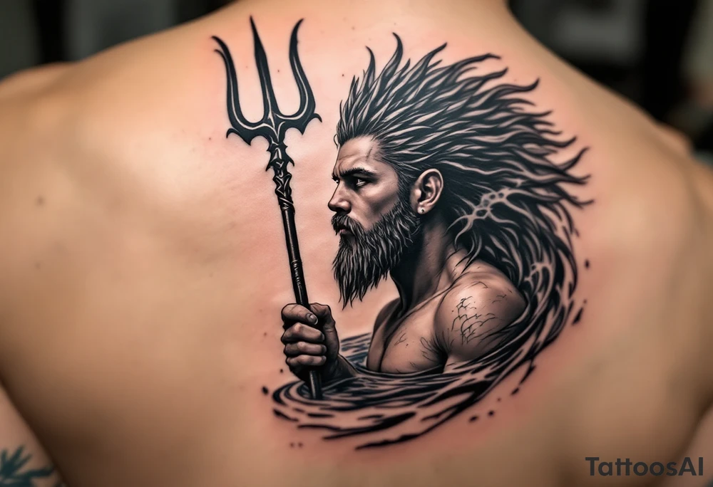 young poseidon, with trident, in water, looking at the horizon tattoo idea