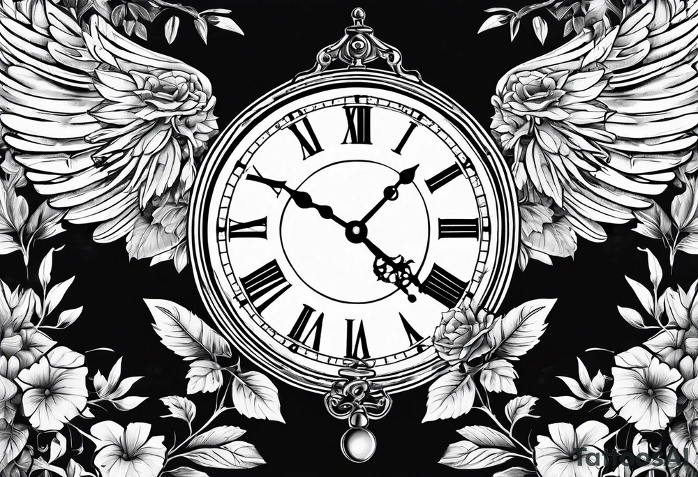 skeleton key wings clock leaves tattoo idea