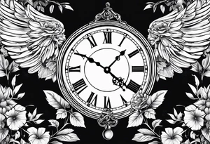skeleton key wings clock leaves tattoo idea