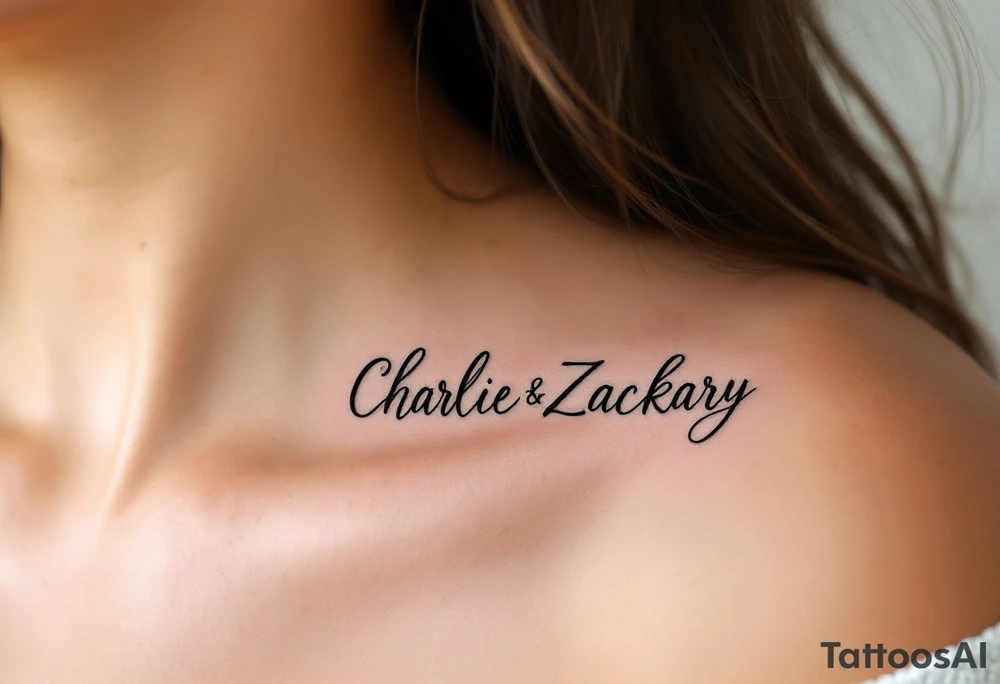 Create a small, elegant tattoo design that incorporates the names "Charlie" and "Zackary." Use delicate, cursive script for the names and interweave subtle elements such as a small heart, minimal floral accents, or an infinity symbol to symbolize enduring love and family. The overall design should be minimalist and refined, perfect for a discreet placement like the wrist or inner forearm. tattoo idea