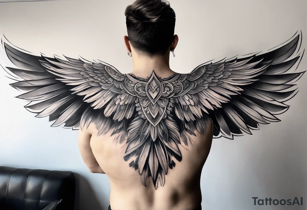 wings tattoo extending from a mens shoulders, covering the upper arms and upper back. The feathers are intricately detailed, with soft shading in black and gray to create depth and texture. tattoo idea