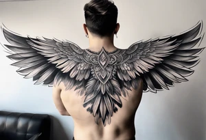 wings tattoo extending from a mens shoulders, covering the upper arms and upper back. The feathers are intricately detailed, with soft shading in black and gray to create depth and texture. tattoo idea