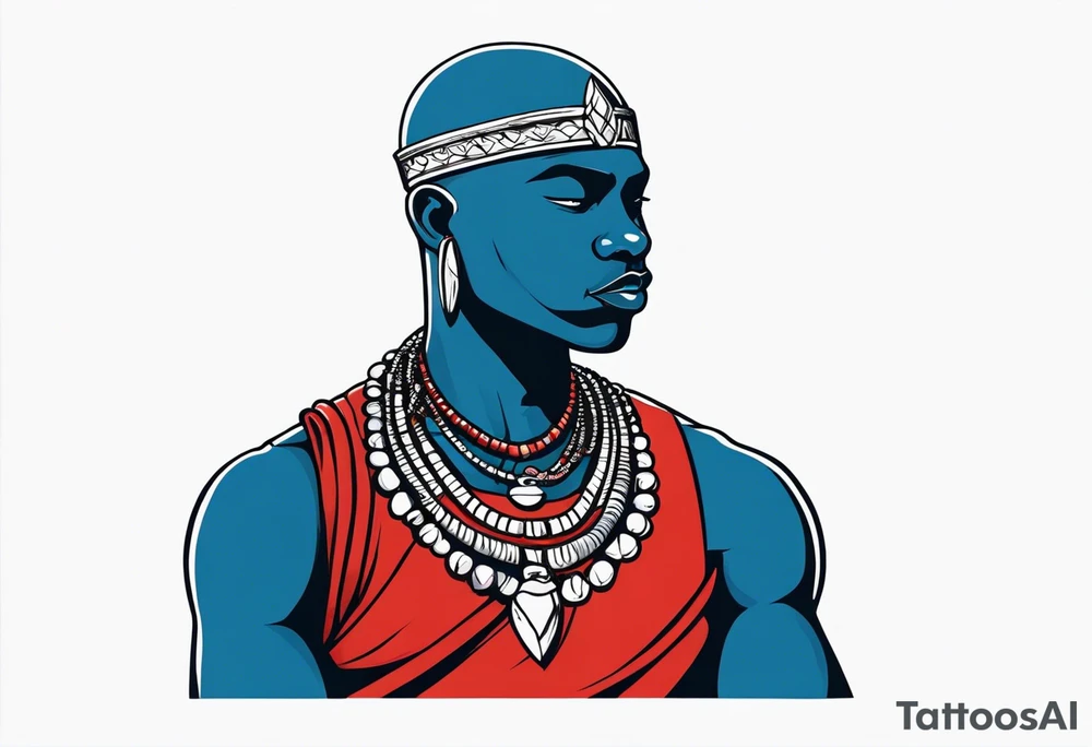 Black-skinned bald african warrior. He wears a simple and small silver crown. He uses two simple necklaces: one blue, other red. He has cowry shells in his crown tattoo idea