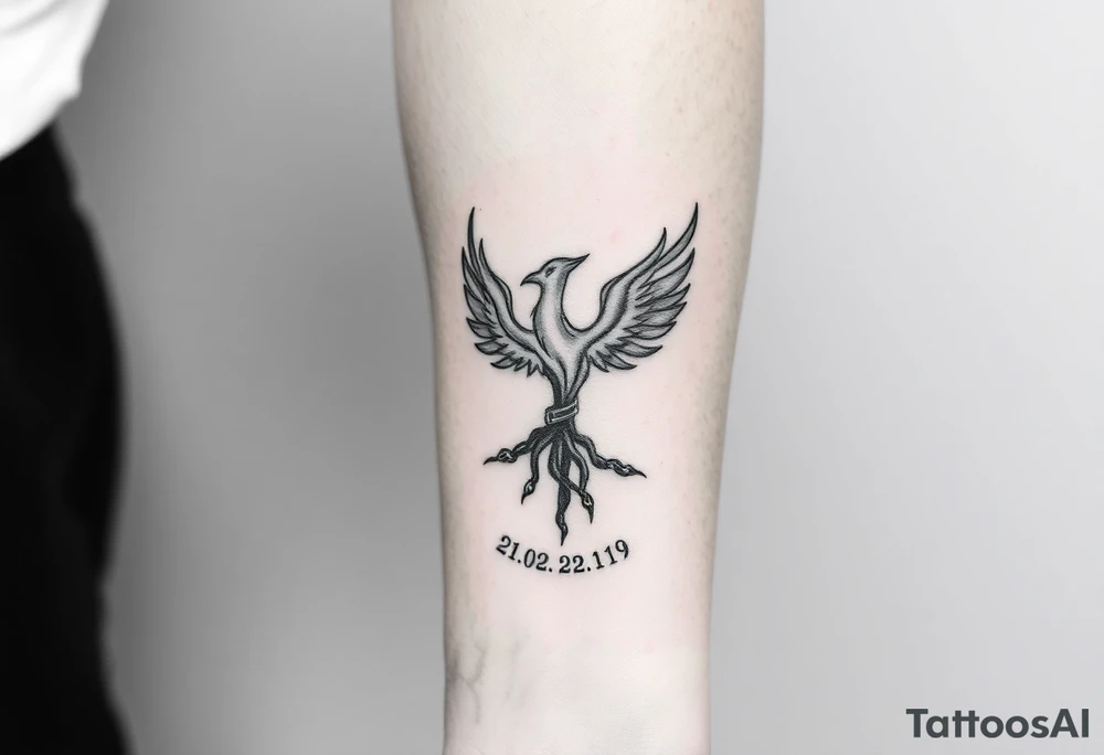 Create a minimalist tattoo design symbolizing personal rebirth. Phoenix or tree breaking through chains, representing freedom from addiction, self-forgiveness, and inner strength. Incorporate dates 21.02 and 22.02 subtly. Emphasize journey of healing, self-love, and dignity. tattoo idea