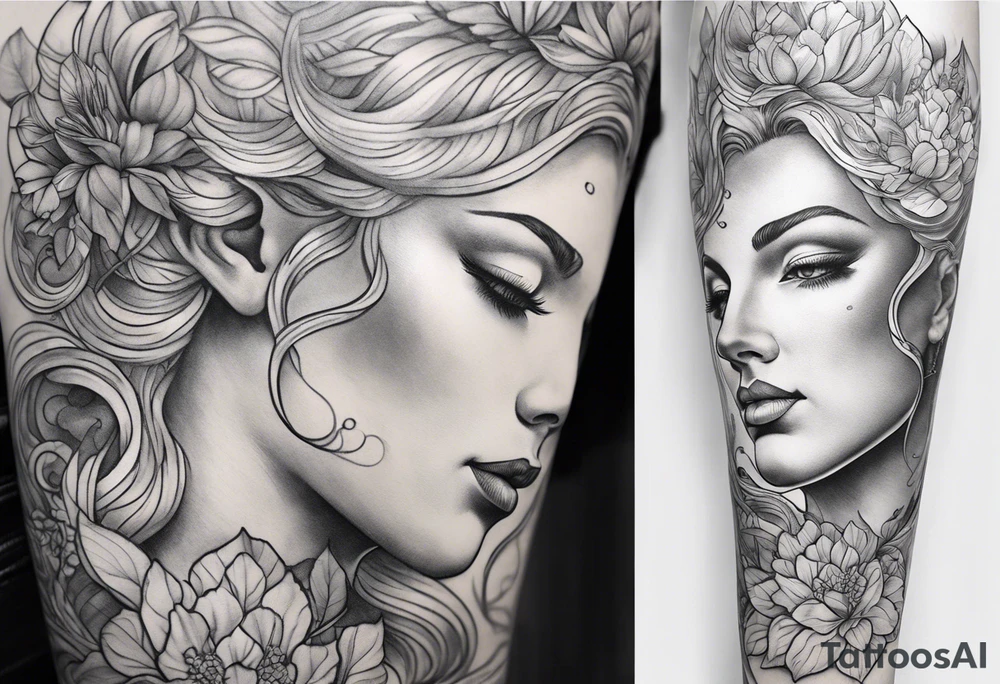Leg sleeve of the Goddess Venus, blonde, full body tattoo idea