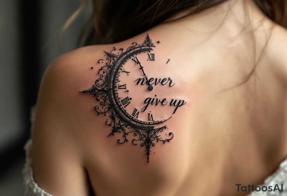 The phrase "never give up" inside a broken clock face, time frozen at your turning point, in sepia tones. tattoo idea
