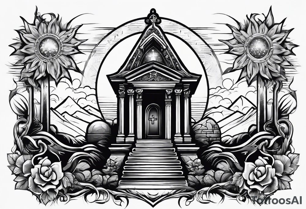 Tomb with cross and sun in the background tattoo idea