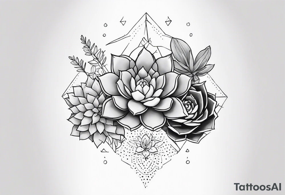 fine line. one big succulent in the middle. Two smaller succulents on the side. Dots and floral
. Sternum tattoo grey scale shading tattoo idea