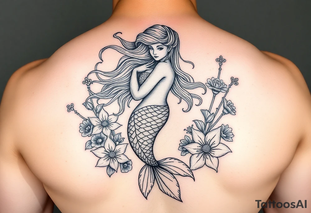 ethereal mermaid with flowing hair among coral and sea flowers tattoo idea
