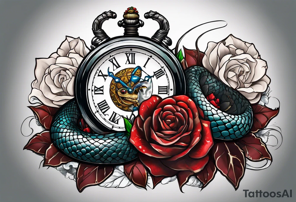 Powerful King cobra wrapped around and breaking an old broken watch clock with dead roses all around in the background tattoo idea