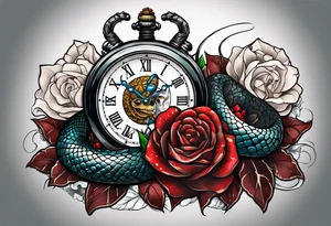 Powerful King cobra wrapped around and breaking an old broken watch clock with dead roses all around in the background tattoo idea