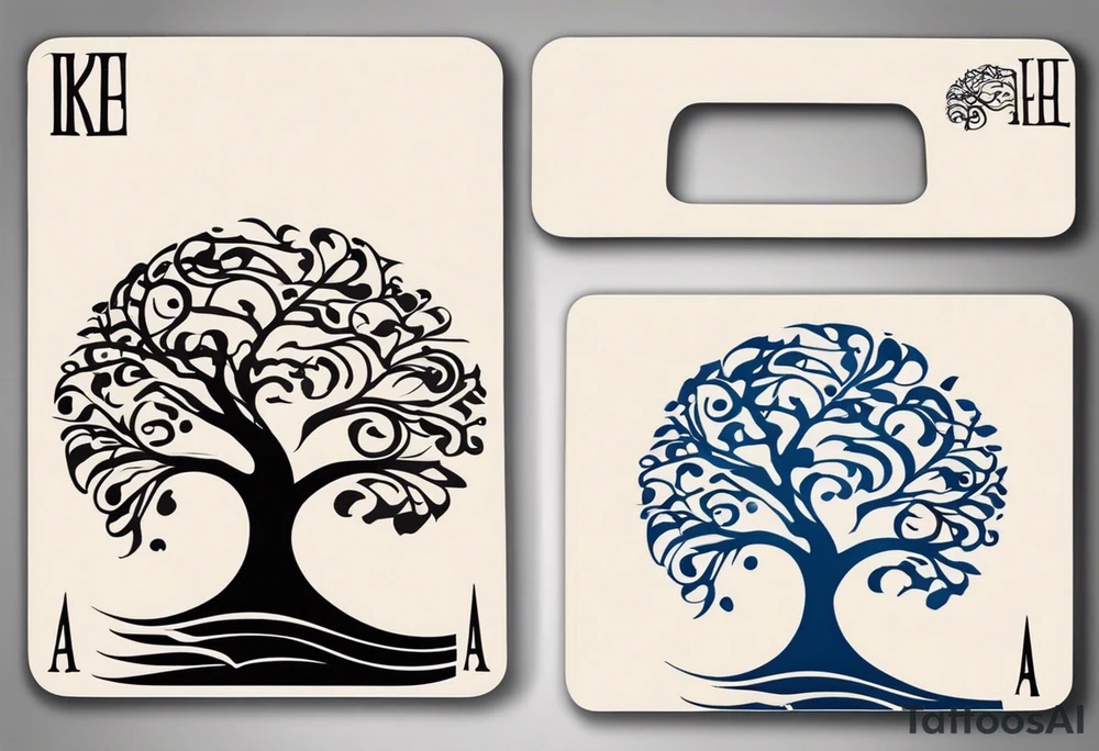 an abstract Tree of Life tattoo. It should have roots growing out of the bottom. The roots slowly turn into water from the Great Wave by Hokusai. A golf flag should be placed discreetly growing out of the ground. 2 license plate tags should be hanging from the tree. Place a few music notes in the areas the leaves should be. The letters A U should be engraved into the tree trunk in a heart. tattoo idea