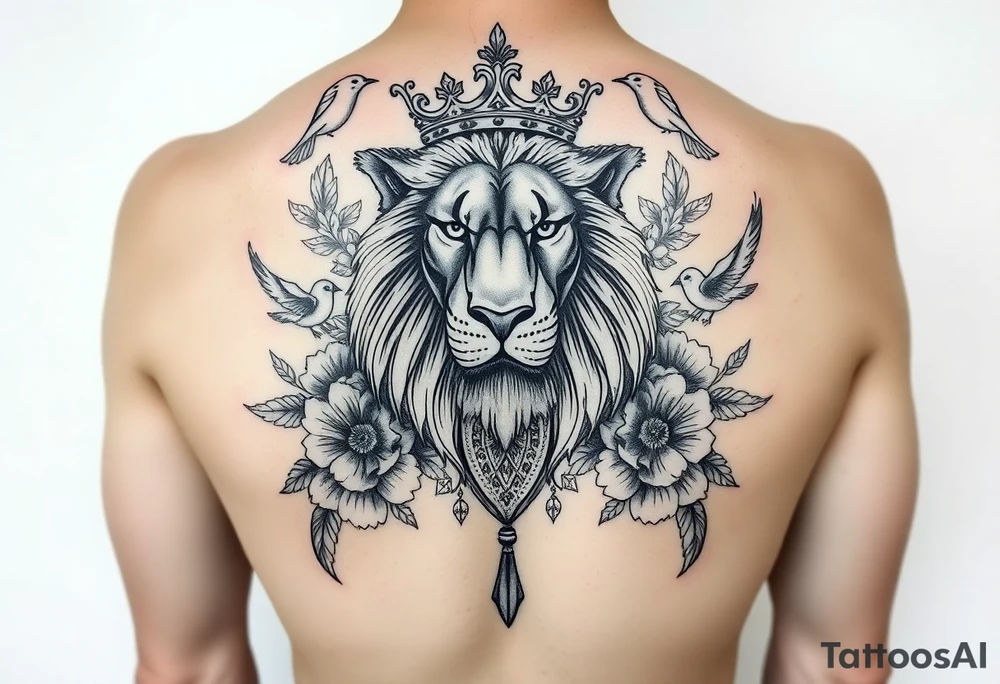 powerful majestic lion with a crown, surrounded by floral ornaments and birds tattoo idea