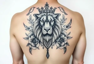 powerful majestic lion with a crown, surrounded by floral ornaments and birds tattoo idea