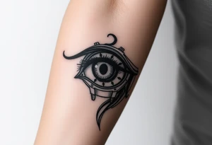 Ojo de mujer rodeada de tinta con un reloj y mucho caos tattoo idea