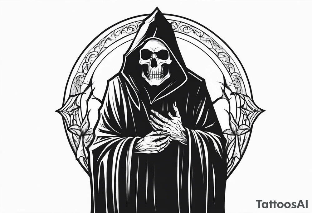 The grim reaper standing from a side profile praying with a Rosery wrapped around his hands tattoo idea