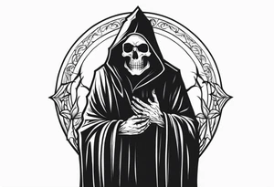 The grim reaper standing from a side profile praying with a Rosery wrapped around his hands tattoo idea