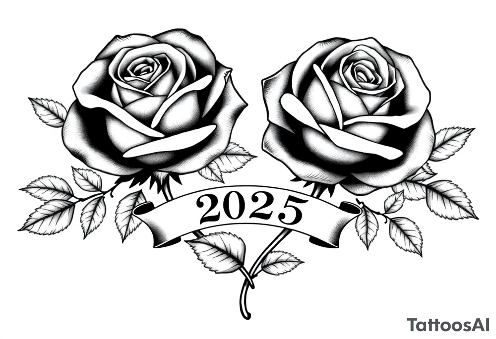 two beautiful large rose buds, one larger than the other, with many leaves next to the rose buds, with one sitting higher than the other. Include a banner connecting the two roses with the year "2025" on it.   Use dark outlines with little shading. The two stems should be short, not long, and connect and join into one stem, whimsically curved or twisted - not straight down. tattoo idea