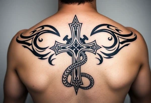 A cross slaying the snake tattoo idea