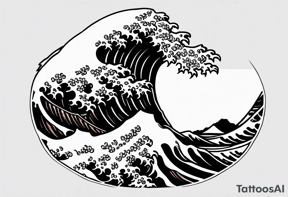 Hokusai great wave, inside two black lines, with some cherry trees. Tattoo for a man' s wrist tattoo idea