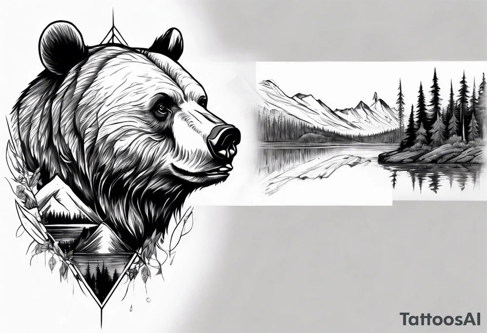 bear head right above the forest line with a lake below, full arm sleeve tattoo tattoo idea