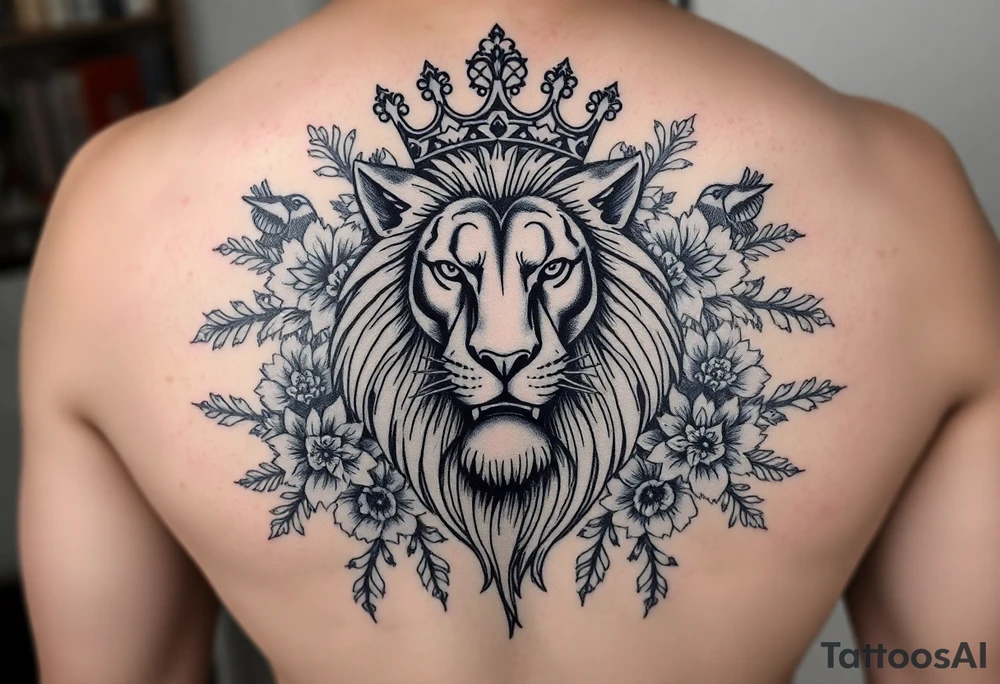 powerful majestic lion with a crown, surrounded by floral ornaments and birds tattoo idea