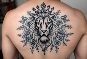 powerful majestic lion with a crown, surrounded by floral ornaments and birds tattoo idea