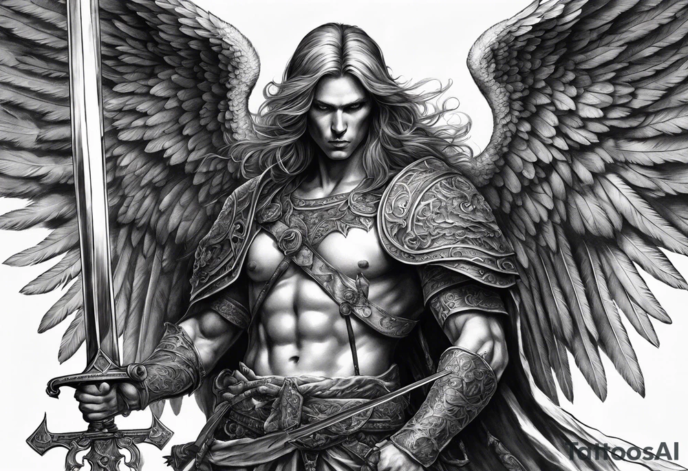 realistic angel of death, full body, without face, holding one sword in both hands, sword pointing downwards, skulls lying on the ground tattoo idea