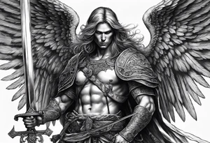 realistic angel of death, full body, without face, holding one sword in both hands, sword pointing downwards, skulls lying on the ground tattoo idea
