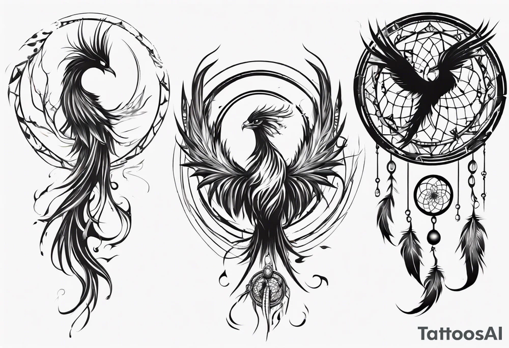 Vertical Phoenix in circles with abstract dream catcher tail tattoo idea Vertical Phoenix in circles with abstract dream catcher tail tattoo idea