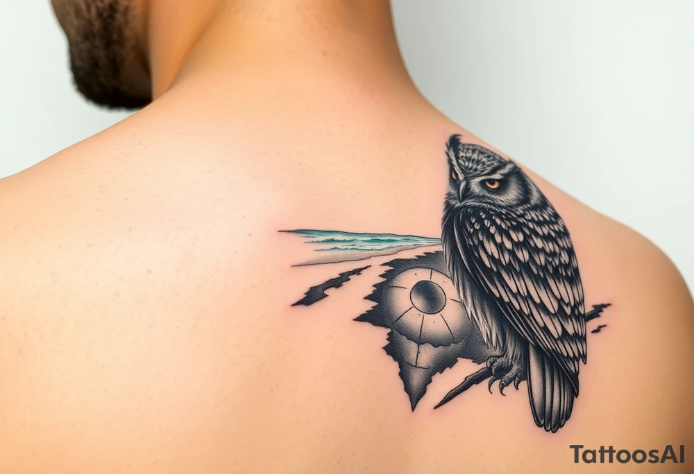 Real-life image of a Masked owl overlooking the Death Star trench with waves from a beach in the background. The tattoo will be for the left shoulder tattoo idea