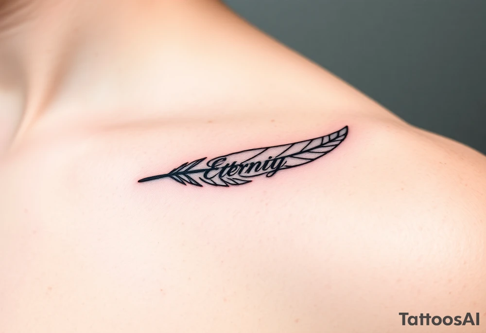 A sleek monochrome feather in black ink, with the word "Eternity" seamlessly integrated into the quill, creating a timeless and sophisticated look tattoo idea