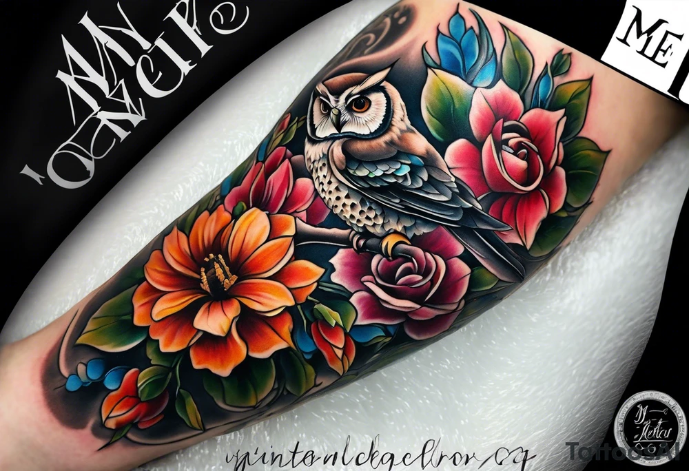 A lower forearm sleeve full colour coming down from a bicep with flowers joined with honeycombs, Mandela flowers, humming bird, and owl.  Lighthouse. tattoo idea
