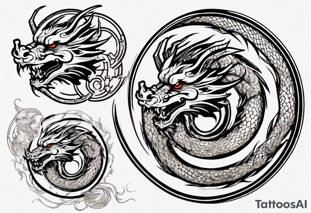 Chinese dragon in a circular shape with "02.03" written on its skin tattoo idea