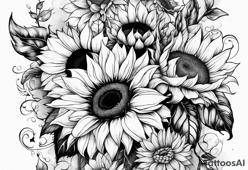 Sunflowers and angel wings leg sleeve tattoo idea