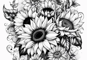 Sunflowers and angel wings leg sleeve tattoo idea