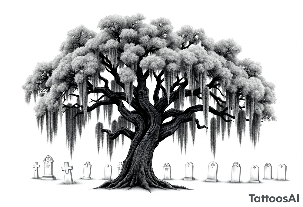 Oak tree with Spanish moss in a cemetery tattoo idea